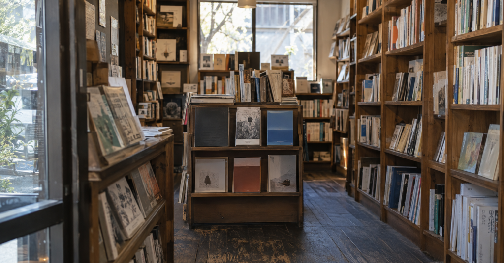 さまざまな本が並び、窓から自然光が差し込む小さな書店